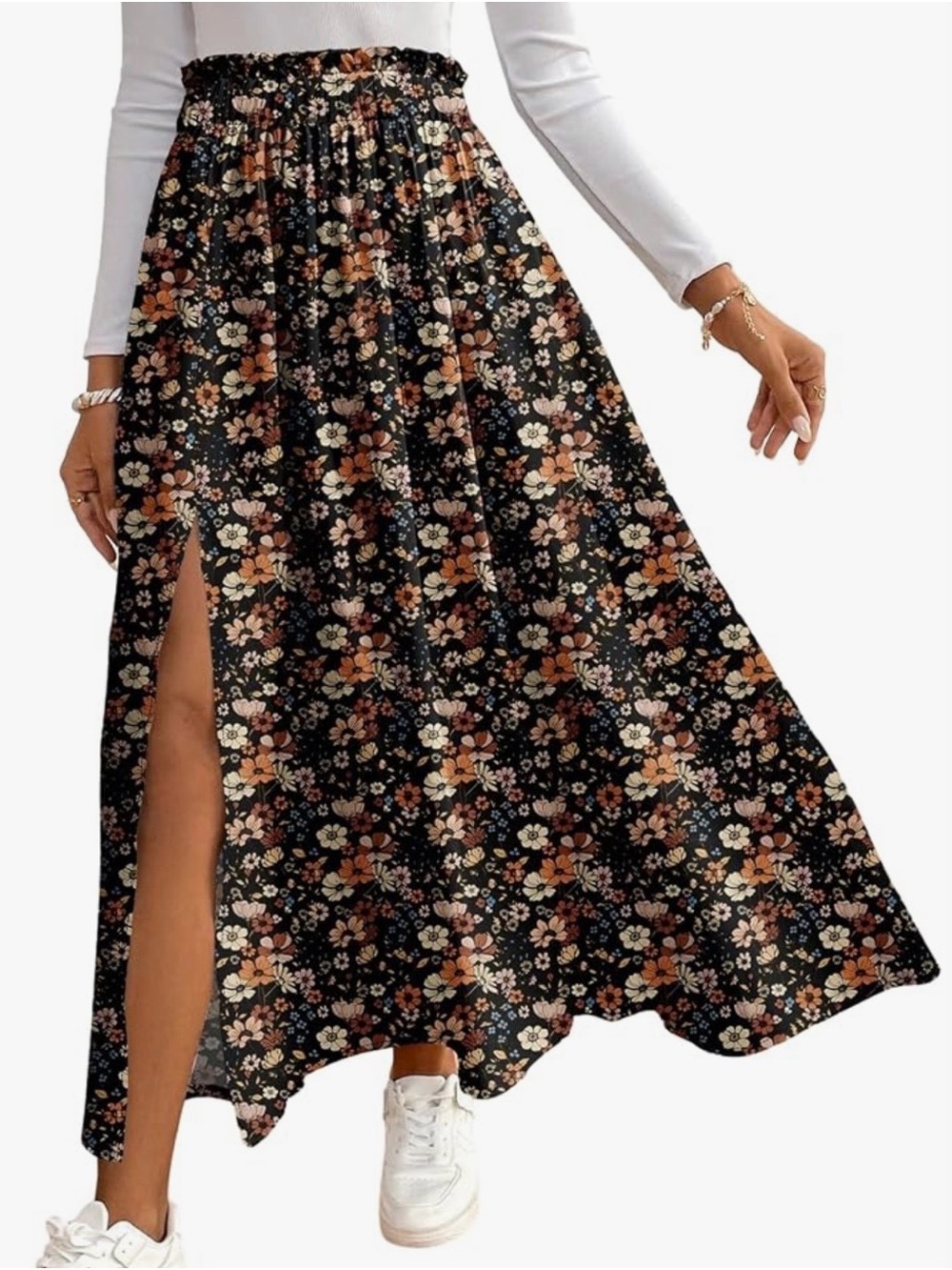 Floral Split Maxi Skirt - Black Floral